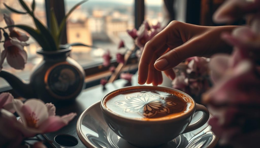 A serene scene unfolds in a cozy café, where the aroma of freshly brewed "kahve" mingles with the delicate petals of blooming flowers. In the foreground, a hand gently traces the intricate patterns on the surface of the coffee, as the "fal uzmanı" Nebahat Özge Tan interprets the intricate symbols with deep insight. The soft, warm lighting casts a dreamy, mystical glow, evoking a sense of wonder and anticipation. In the background, a window offers a glimpse of the bustling city outside, but the focus remains on the intimate moment of divination, where the past, present, and future converge in the delicate dance of coffee and flowers.