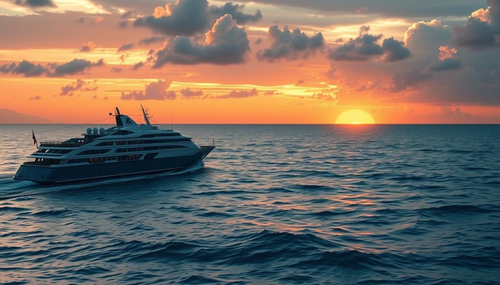 A serene seascape filled with symbolism, depicting a career-focused scene. In the foreground, a majestic ocean liner representing the journey of professional success, its sleek lines and powerful engines conveying a sense of momentum and progress. In the middle ground, a network of intricate compass formations, guiding the way through the waters of career navigation. The background showcases a stunning sunset, casting a warm, golden glow over the scene, signifying the potential for prosperity and financial abundance. Lighting is soft and atmospheric, creating a contemplative mood. The overall composition is harmonious, inviting the viewer to ponder the deeper meaning of the sea symbol in matters of career and finance. Nebahat Özge Tan's unique interpretation of this symbolic imagery adds a personal touch to the scene.