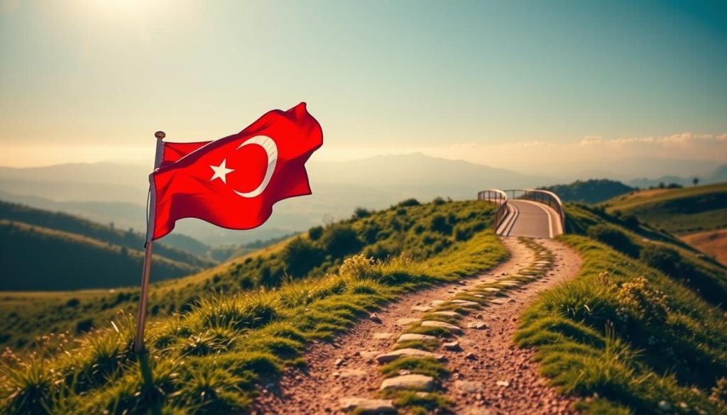 A serene, sun-dappled scene of a career path winding through a verdant landscape, with a bold crimson flag fluttering in the breeze, symbolizing new horizons and opportunities. In the foreground, a well-crafted compass rose guides the way, while in the middle ground, a bridge arches gracefully, inviting the viewer to cross over to the next chapter. The background is a panoramic vista of rolling hills and distant mountains, bathed in a warm, golden light. Captured with a wide-angle lens and a shallow depth of field, this image exudes a sense of wonder and possibility, perfectly complementing the article's theme of "Kariyerinizde Yeni Ufuklar: Falda Bayrak İşareti." Designed by the renowned artist Nebahat Özge Tan.