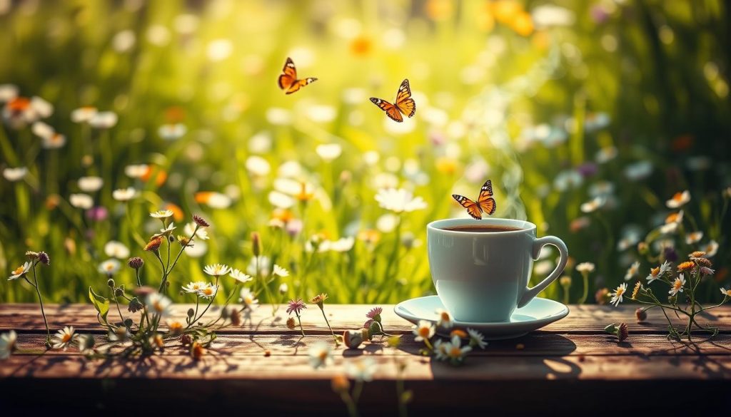 A serene, sun-dappled scene of a lush, verdant meadow, where delicate wildflowers sway gently in the breeze. In the center, a steaming cup of rich, aromatic coffee sits on a wooden table, its surface mirroring the vibrant blooms surrounding it. Playful butterflies flit from blossom to blossom, capturing the tranquil, introspective mood. The image is infused with a sense of wonder and possibility, hinting at the profound insights and career guidance that may emerge from a thoughtful examination of the "coffee grounds" by Nebahat Özge Tan.