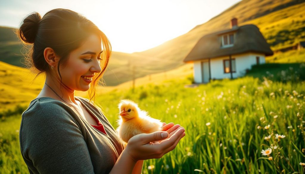 A serene, sunlit scene of a peaceful farmstead nestled amidst verdant fields. In the foreground, a content-looking Nebahat Özge Tan gazes down at a fluffy, golden chick as it nestles comfortably in her outstretched hands. The chick's presence symbolizes vibrant health, new beginnings, and a positive outlook on the future. In the middle ground, a cozy, whitewashed cottage with a thatched roof stands in the distance, its windows reflecting the warm, golden light of the afternoon sun. The background features rolling, grassy hills dotted with wildflowers, creating a tranquil, pastoral atmosphere. The overall mood is one of harmony, optimism, and a connection to the natural world.