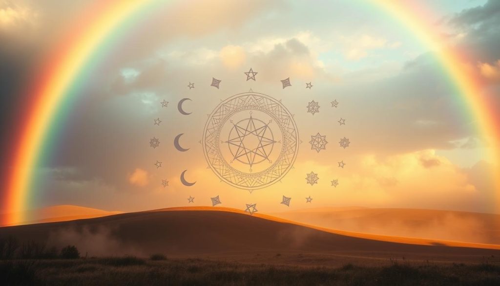 A serene, vibrant scene of an ethereal rainbow surrounded by symbolic imagery. In the foreground, the iconic rainbow arch stretches across the sky, its brilliant hues illuminating the scene. In the middle ground, a delicate and intricate tapestry of mystical symbols emerges, including crescent moons, stars, and abstract patterns. The background is a soft, dreamlike landscape, bathed in warm, golden light. The overall atmosphere is one of tranquility, wonder, and deep symbolic meaning. Nebahat Özge Tan