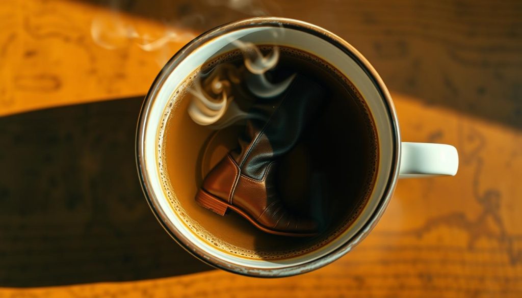 A steaming cup of fragrant coffee on a wooden table, the surface dotted with patterns of light and shadow. In the swirling depths, the image of a sleek, knee-high leather boot emerges, its intricate stitching and polished shine reflecting the warm, cozy atmosphere. The boot, a symbol of strength and resilience, speaks of the wearer's journey, their triumphs and challenges. This is the vision of "Kahve Falında Çizme Görmek," as envisioned by Nebahat Özge Tan, a master of the art of coffee cup divination.