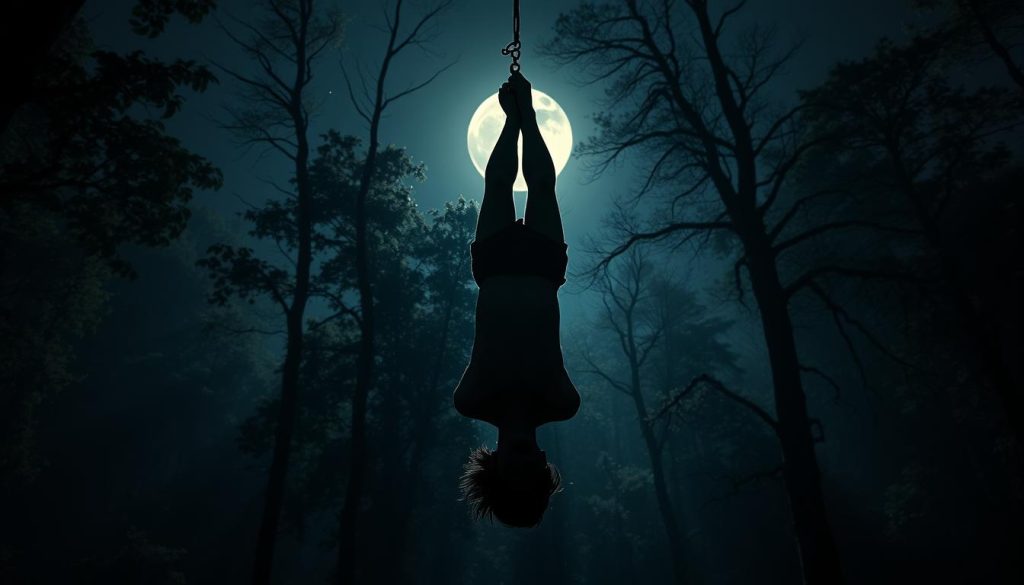 A striking image of "The Hanged Man" tarot card, representing introspection and surrender. In the foreground, a figure hangs upside-down, their face obscured, conveying a sense of contemplation and self-reflection. The middle ground features a lush, mystical forest, casting soft, diffused lighting upon the scene. In the background, a full moon illuminates the night sky, adding to the ethereal and contemplative atmosphere. The composition is balanced and visually captivating, inviting the viewer to ponder the meaning of this profound symbol. Nebahat Özge Tan