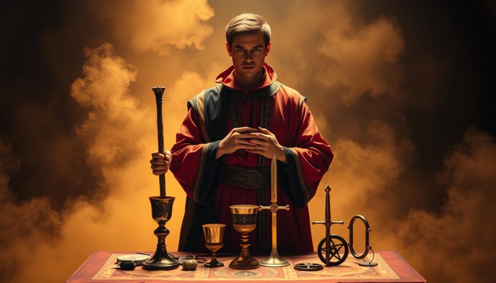 A striking portrait of the mystical Magician, the symbol of willpower and creation. In the foreground, the Magician stands tall, garbed in a vibrant robe, their hands poised over a table laden with the tools of their craft - wand, cup, sword, and pentacle. Intense focus and determination radiate from their gaze, as if channeling the elements to manifest their desires. The background is shrouded in an ethereal, mist-like atmosphere, hinting at the unseen realms the Magician can access. Warm, dramatic lighting casts dramatic shadows, heightening the sense of mysticism and power. Nebahat Özge Tan's unique interpretation of this iconic Tarot archetype evokes the Magician's transformative abilities, ready to guide the viewer on a journey of self-discovery.