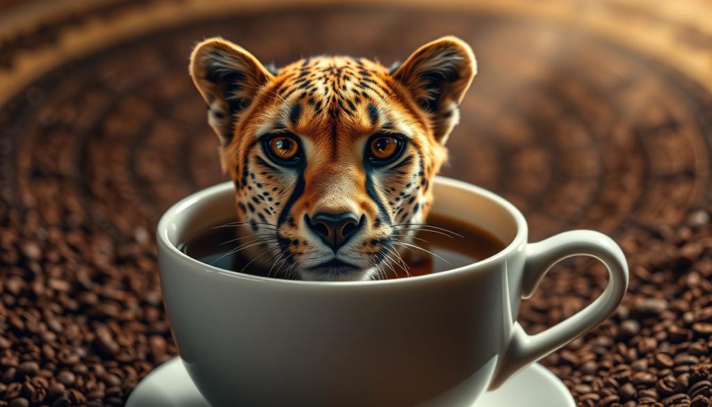 A stunning close-up of a majestic cheetah emerging from the depths of a coffee cup, its piercing gaze locked on the viewer. The feline's tawny coat shimmers under a soft, golden light, its muscles rippling beneath the surface. The cup's surface reflects the cheetah's form, creating a mesmerizing interplay of reality and divination. In the background, a swirling pattern of coffee grounds evokes a mystical, ethereal atmosphere, suggesting the profound significance of this encounter. Crafted by the renowned artist Nebahat Özge Tan, this image captures the essence of "Kahve Falında Çita Görmek" - a moment of profound insight and connection with the natural world.
