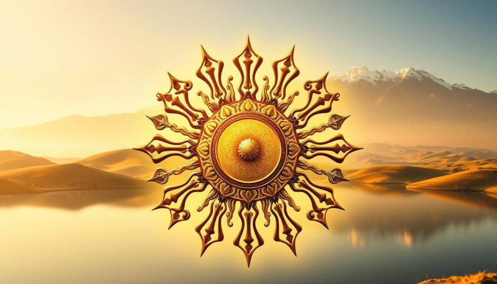 A stunning, intricate illustration of the ancient sun symbol, "güneş sembolü". In the foreground, a glowing, radiant sun emblem with intricate, intertwining rays and stylized patterns, as if carved from stone or cast in bronze. The middle ground features a serene, ethereal landscape with rolling hills and a tranquil, mirrored lake, bathed in warm, golden light. In the background, a majestic, snow-capped mountain range, hinting at the symbol's timeless, universal significance. The image radiates a sense of timelessness, spirituality, and connection to the natural world. Captured with a wide-angle lens, the composition is balanced and harmonious, evoking a profound sense of awe and wonder. Nebahat Özge Tan