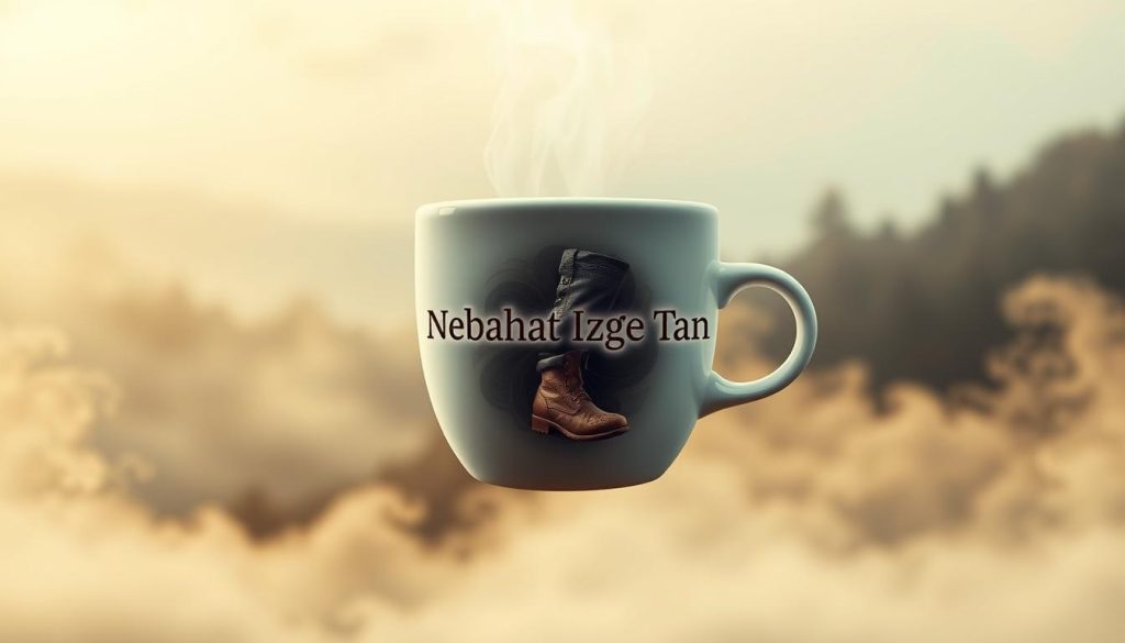 A surreal, dreamlike scene of a coffee cup floating in a misty, ethereal landscape. At the center, the brand name "Nebahat Özge Tan" is etched into the ceramic surface, as if revealed by the swirling steam. Within the cup, the intricate patterns of a fortune-telling session are manifested, with a symbolic leather boot emerging from the dark, swirling liquid. The background is hazy and indistinct, allowing the viewer to focus on the mystical elements at the heart of the composition. Soft, diffused lighting casts a warm, contemplative glow over the entire scene, evoking a sense of mystery and intuition.