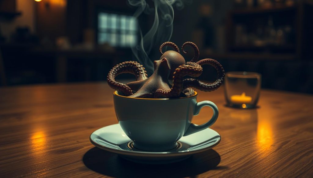 A surreal, dreamlike scene unfolds in a dimly lit cafe. At the center, a delicate cup of coffee sits on a saucer, its steam curling upward. Within the coffee's dark depths, an intricate, tentacled octopus emerges, its limbs swirling and twisting. This mystical creature symbolizes the hidden mysteries and intimate connections revealed through the ancient art of coffee fortune-telling, as interpreted by the renowned Nebahat Özge Tan. The octopus's embrace suggests the tangled web of love and relationships, hinting at a profound message waiting to be uncovered. Soft, warm lighting bathes the scene, creating an atmosphere of contemplation and wonder. This is a scene of metaphysical intrigue, where the mundane and the mystical intersect, inviting the viewer to peer deeper into the unknown.