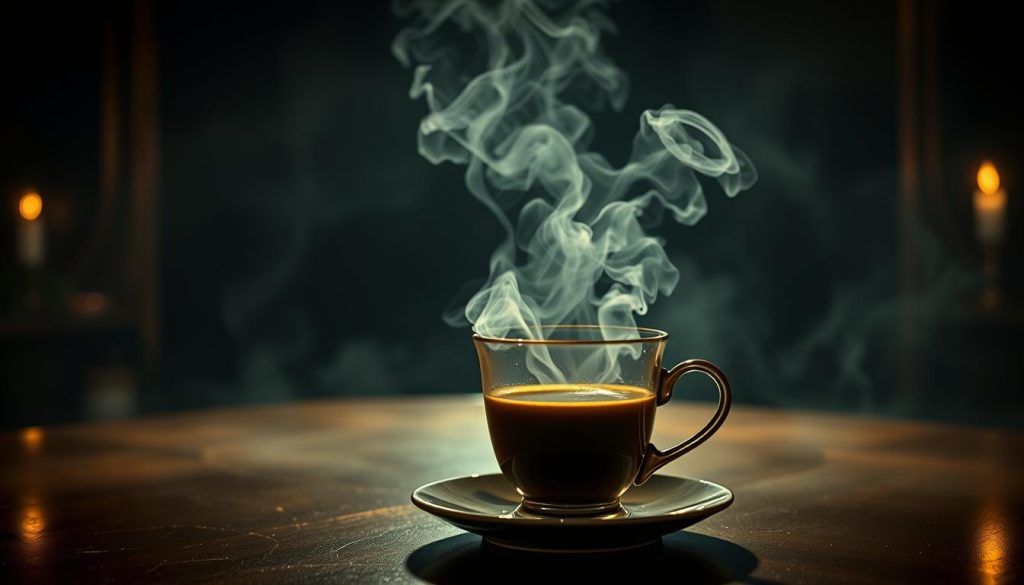 A surreal scene of a classic Turkish coffee cup sitting on a table, with the steam from the coffee forming the silhouette of a mysterious alien figure. The cup's surface reflects the alien's form, creating a sense of otherworldly mysticism. The background is a dimly lit, atmospheric space, hinting at the idea of divination and the unknown. The lighting is soft and moody, creating a sense of intrigue and wonder. Nebahat Özge Tan