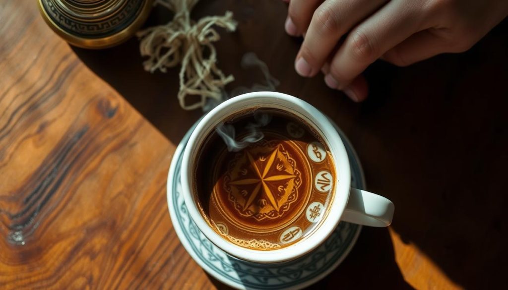 A traditional Turkish coffee cup filled with freshly brewed kahve, steam rising in the soft light. Intricate patterns and symbols dance across the surface, casting shadows on the wooden table. Nebahat Özge Tan's hand carefully traces the shapes, interpreting the unique divination of the day. The inviting aroma fills the air, conjuring visions of ancient rituals and the rich cultural heritage of Turkey. A serene, contemplative atmosphere pervades the scene, as the reading unfolds, revealing insights about the future.