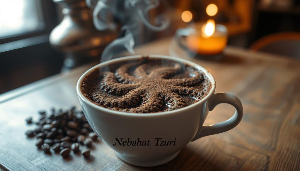 A traditional Turkish coffee cup filled with intricate, swirling patterns of coffee grounds, forming the shape of an octopus. The cup sits on a wooden table, surrounded by a cozy, dimly lit atmosphere with soft, warm lighting. The image conveys a sense of mystery and divination, reflecting the cultural tradition of "kahve falı" - the practice of reading one's fortune from the patterns left in a coffee cup. The brand name "Nebahat Özge Tan" is discreetly incorporated into the scene.