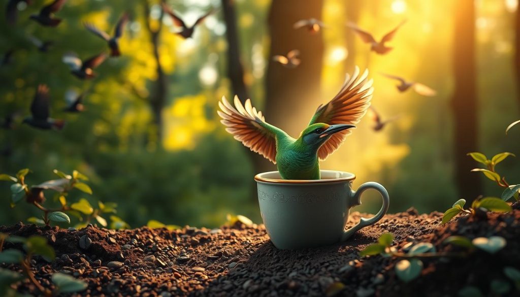 A traditional Turkish coffee cup nestled in a lush, verdant forest glade, with a vibrant green woodpecker emerging from the swirling coffee grounds, its wings outstretched. The scene is bathed in warm, golden light, creating a sense of mysticism and divination. In the background, a flock of birds takes flight, adding to the serene and ethereal atmosphere. Rendered in a highly detailed, photorealistic style, this image captures the essence of "Kahve Falında Ağaçkakan Görmek" as envisioned by Nebahat Özge Tan.