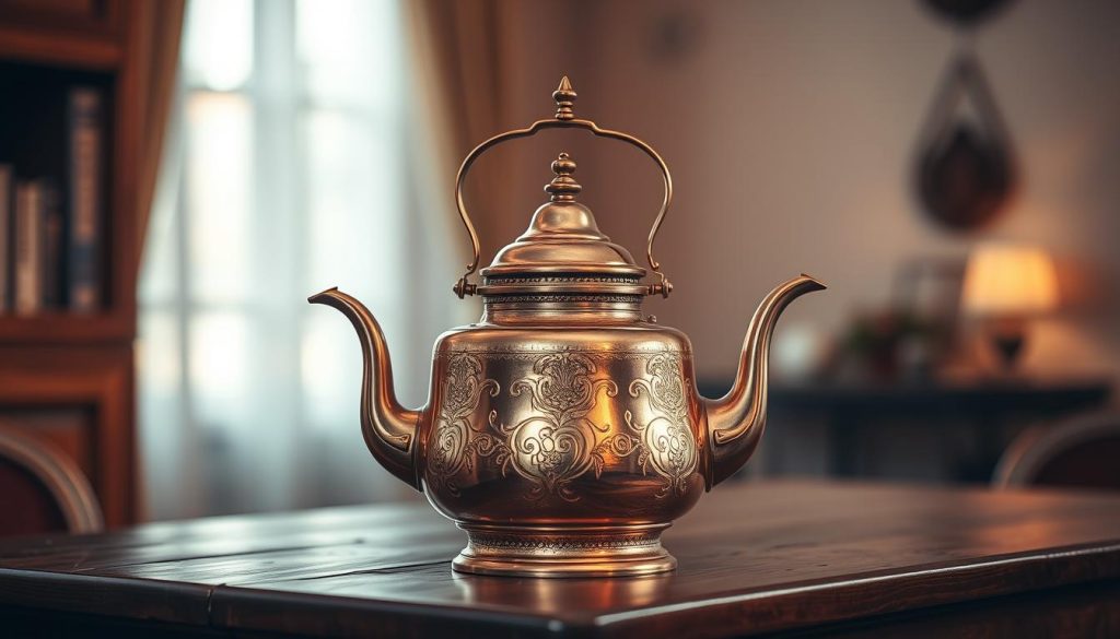 A traditional Turkish copper teapot, the çaydanlık, stands proudly on a wooden table, its ornate design and gleaming surface reflecting the warm, mellow light of a cozy interior. The teapot's elegant shape and intricate patterns symbolize the rich cultural heritage and enduring ritual of tea-making in Turkish society. In the background, a soft, muted palette of earthy tones and a sense of timelessness evoke the timeless appeal of this iconic object. The image is captured with a subtle, intimate lens, inviting the viewer to appreciate the çaydanlık's symbolic significance and its place in the article's exploration of "Kahve Falında Çaydanlık Görmek." Nebahat Özge Tan