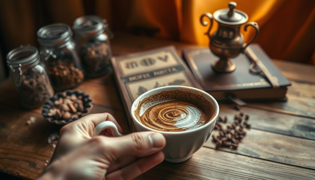 A tranquil and mystical scene of traditional Turkish coffee cup divination. In the foreground, a hand delicately holds a ceramic coffee cup, the grounds swirling and forming intricate symbols, the surface reflecting the soft, warm lighting. In the middle ground, jars of fragrant spices, a worn leather book, and a brass cezve sit atop a weathered wooden table, hinting at the ancient practice. The background is shrouded in a cozy, amber hue, creating an intimate, contemplative atmosphere. Nebahat Özge Tan's coffee reading symbols are the focal point, their shapes and patterns imbued with meaning and possibility.