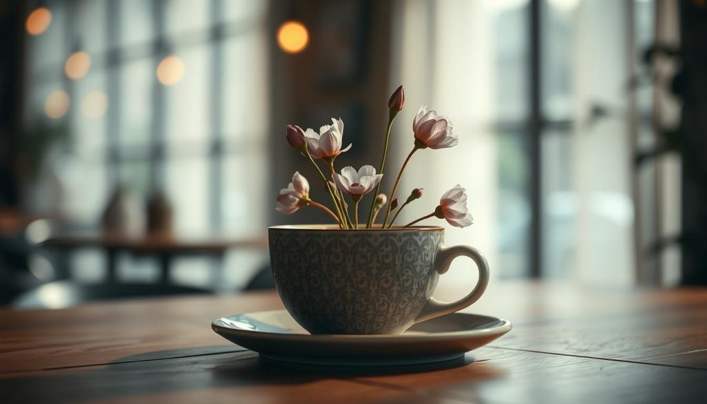 A tranquil café interior, filled with the aroma of freshly brewed coffee. In the center, a coffee cup rests on a wooden table, its surface rippling with intricate patterns. Within the cup, delicate, blooming flowers emerge, their petals unfurling like a magical revelation. Soft, muted lighting bathes the scene, creating an atmospheric and contemplative mood. The background is a soft, hazy blur, drawing the viewer's focus to the captivating coffee cup and its floral manifestation. This image, captured by the renowned artist Nebahat Özge Tan, represents the mystical connection between the ritual of coffee divination and the natural world, offering a glimpse into the factors that shape the appearance of these enchanting floral formations.