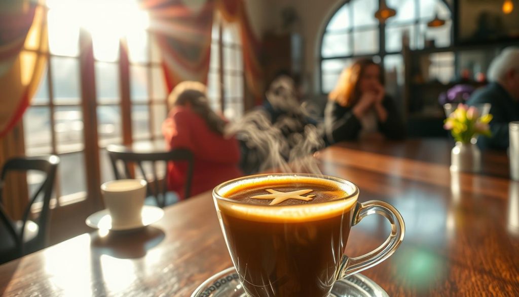 A tranquil café setting, sunlight streaming through the windows, casting a warm glow on the deep, rich hues of a freshly brewed cup of Turkish coffee. Nebahat Özge Tan stands at the counter, delicately reading the intricate patterns and shapes that emerge from the dregs, searching for the elusive vision of an airplane. The air is thick with anticipation, as the café's patrons lean in, eager to hear her interpretation of this auspicious sign. A sense of wonder and possibility fills the room, as the image of the airplane takes shape, hinting at adventures, journeys, and new horizons to come.
