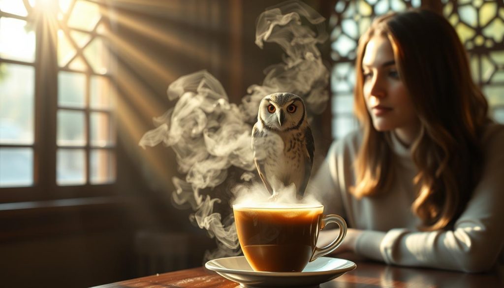 A tranquil café setting with sunlight filtering through latticed windows, casting a warm glow on a table where a steaming cup of kahve sits. In the cup's frothy surface, a majestic owl emerges, its piercing gaze met by the rapt attention of a young woman - Nebahat Özge Tan. Surrounding the scene, an ethereal haze evokes the mystical world of coffee fortune-telling, hinting at the hidden meanings and symbols that lie within the intricate patterns of the kahve falı.