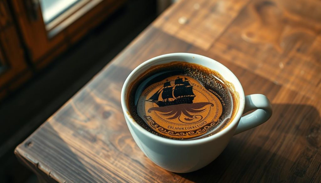A tranquil coffee cup rests on a worn wooden table, its surface revealing intricate shapes and patterns reminiscent of a weathered ship's hull. The light filters through a nearby window, casting a warm, golden glow that bathes the scene in a dreamlike atmosphere. Within the swirling coffee grounds, the silhouette of a majestic ship emerges, its sails unfurled and its hull cutting through the smooth, reflective surface. This vision, known as "kahve falında gemi görmek," is captured with a sense of enchantment and wonder, inviting the viewer to explore the hidden meanings and symbolism behind this unique coffee cup divination. Nebahat Özge Tan's artistic interpretation of this captivating phenomenon brings the imagery to life, transporting the viewer to a realm where the mundane and the mystical coexist.