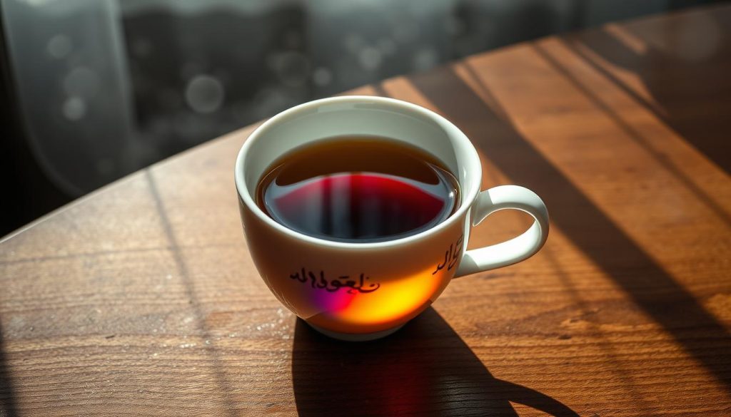 A tranquil coffee cup sits on a wooden table, its surface rippling with a vibrant rainbow reflection. The light filters through the transparent liquid, casting a kaleidoscope of colors that dance across the cup's interior. Nebahat Özge Tan's signature calligraphy adorns the delicate porcelain, hinting at the profound insights that may be found in the dregs of this mystical divination. In the background, a hazy, dreamlike atmosphere evokes a sense of introspection and wonder, inviting the viewer to peer deeper into the cup and uncover the hidden meanings of the rainbow's appearance.