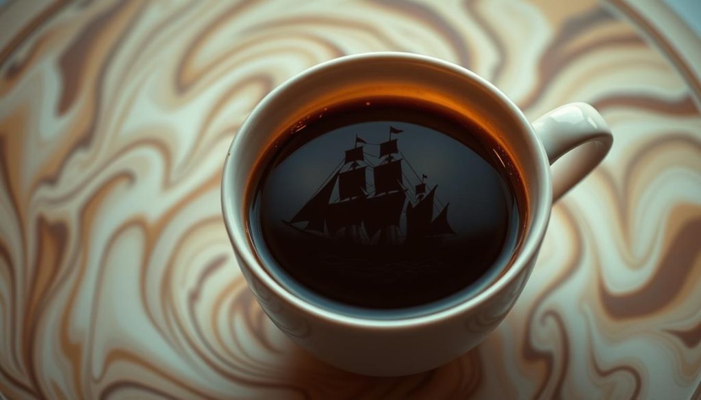 A tranquil coffee cup with swirling patterns, revealing the silhouette of a majestic ship sailing across the dark, mystical brew. Soft, warm lighting illuminates the scene, casting a cozy and contemplative atmosphere. The ship's intricate details are captured in a painterly, ethereal style, symbolizing the journey and significance of this divination symbol. Nebahat Özge Tan's distinctive artistic vision is evident in the rich, textured rendering of this meaningful image.