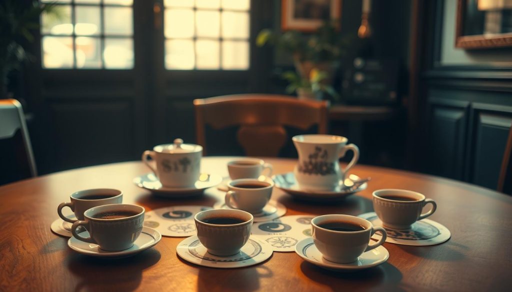 A tranquil coffee shop interior, soft lighting casting warm hues on a table adorned with a traditional Turkish coffee set. Atop the table, a spread of mystical coffee cup symbols - crescent moons, stars, and intricate patterns - each holding a unique interpretation, as divined by the renowned clairvoyant, Nebahat Özge Tan. The scene evokes a sense of introspection and the wonder of uncovering hidden meanings within the coffee grounds. A calm, inviting atmosphere that draws the viewer into the captivating world of coffee fortune-telling.