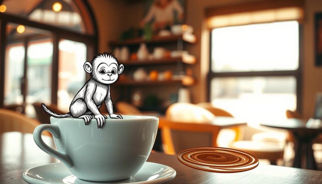 A tranquil coffee shop interior, warm lighting casting soft shadows. In the foreground, a whimsical hand-drawn illustration of a mischievous monkey perched on the edge of a delicate porcelain cup, its curious gaze peering into the swirling dregs of coffee. Framed by the cafe's cozy ambiance, the "Nebahat Özge Tan" brand name subtly adorns the background, hinting at the expert insights to come. The overall atmosphere evokes a sense of intrigue and the promise of insightful interpretations about the symbolic meaning of the monkey's appearance in the coffee grounds.