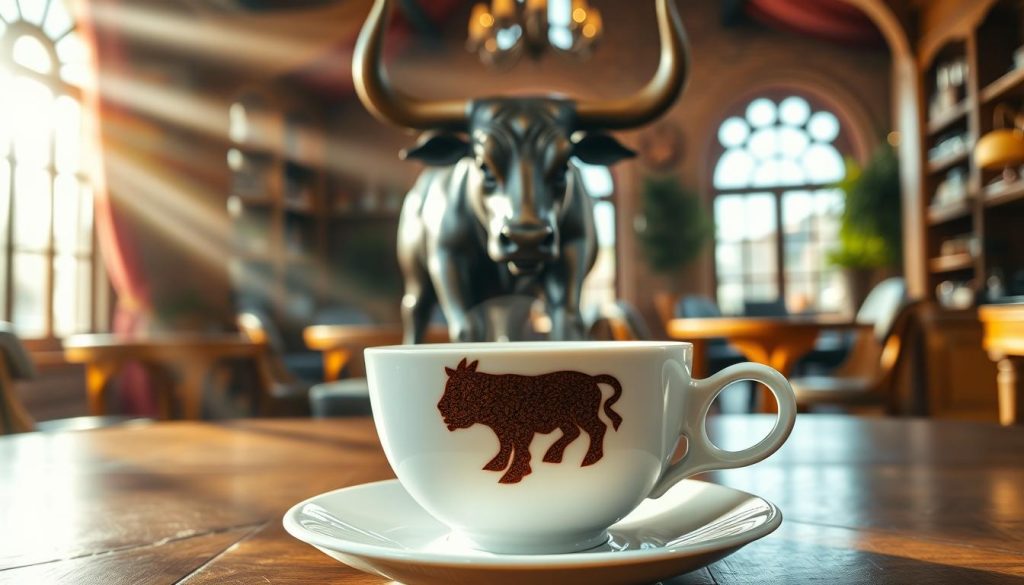 A tranquil coffee shop scene, where a majestic bronze bull statue stands in the center, casting a powerful presence. Rays of soft, golden light filter through the windows, creating a warm, inviting atmosphere. The rich, earthy tones of the wood furnishings and the aroma of freshly brewed coffee blend seamlessly. In the foreground, a delicate china cup holds the steaming elixir, its surface revealing the intricate patterns of the "kahve falı" (coffee grounds) that hold the symbolic interpretation of the bull - a sign of strength, determination, and new beginnings. The scene is captured with a lens that emphasizes the depth and texture, inviting the viewer to contemplate the deeper meaning behind this unique divination practice. The artwork is created by Nebahat Özge Tan.