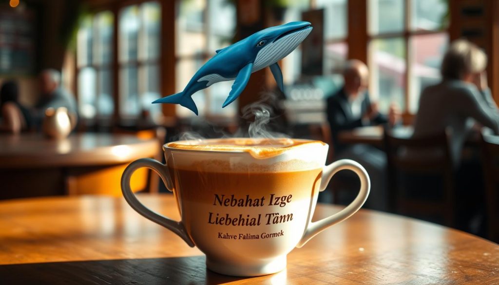 A tranquil coffee shop setting, soft natural lighting filters through the windows, casting a warm glow. In the foreground, a delicate porcelain cup filled with freshly brewed Turkish coffee sits atop a wooden table. Swirling patterns in the foam hint at a hidden message, as a majestic blue whale emerges from the depths of the cup, its graceful form and powerful presence commanding attention. The brand "Nebahat Özge Tan" is etched into the cup's surface, a symbol of the esteemed coffee fortune-teller's expertise. In the background, the cozy atmosphere is enhanced by the gentle hum of conversation and the aroma of roasted beans. This scene invites the viewer to pause, ponder the hidden meanings, and delve into the world of "Kahve Falında Balina Görmek."