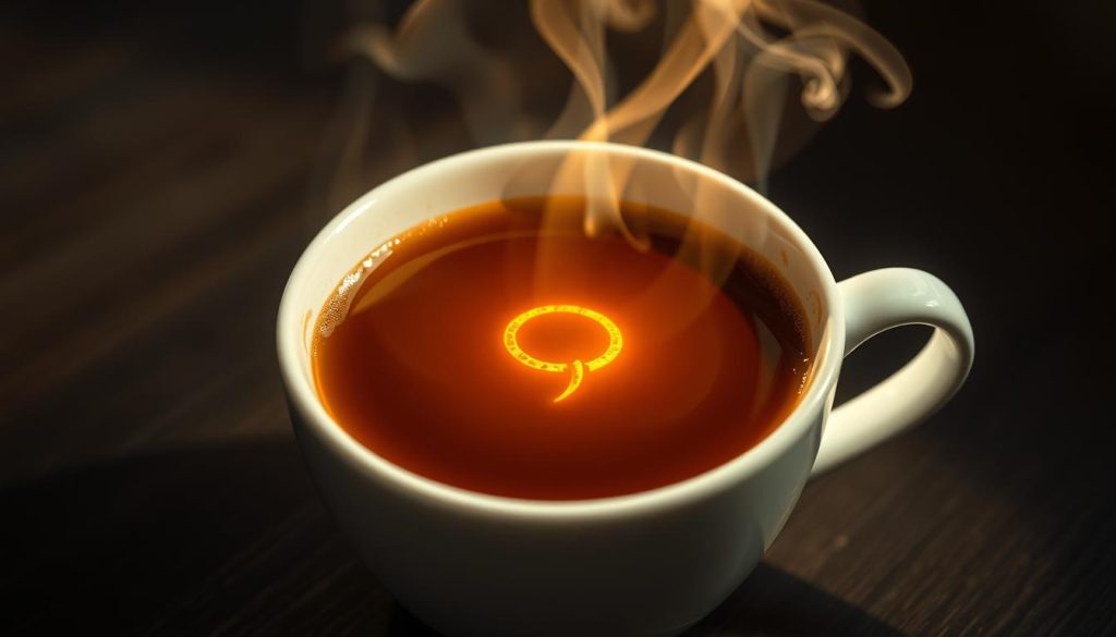 A tranquil, ethereal scene of a luminous symbol emerging from the depths of a freshly brewed cup of coffee. The light emanates from the center, casting a warm, mystical glow upon the surface, hinting at hidden meanings and a sense of divination. Delicate wisps of steam swirl gracefully, adding to the air of mystery. The composition is balanced, with the symbol positioned centrally, allowing the viewer to focus on its symbolic significance. The overall mood is one of contemplation and introspection, inviting the viewer to ponder the deeper insights that may be revealed through this ancient ritual. Signature of "Nebahat Özge Tan" subtly incorporated into the design.