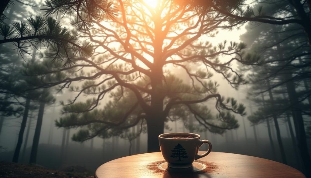 A tranquil, misty forest scene with a majestic pine tree taking center stage. The tree's branches reach up towards the heavens, its needles gently swaying in the breeze. Warm, golden light filters through the canopy, casting a serene glow over the serene landscape. In the foreground, a traditional Turkish coffee cup sits, its surface shimmering with the telltale patterns of a coffee fortune reading. The image is sharp and detailed, with a sense of timeless mysticism. Nebahat Özge Tan's artistry imbues the scene with a sense of introspective wonder, inviting the viewer to ponder the meaning behind the symbolic pine tree in the coffee grounds.