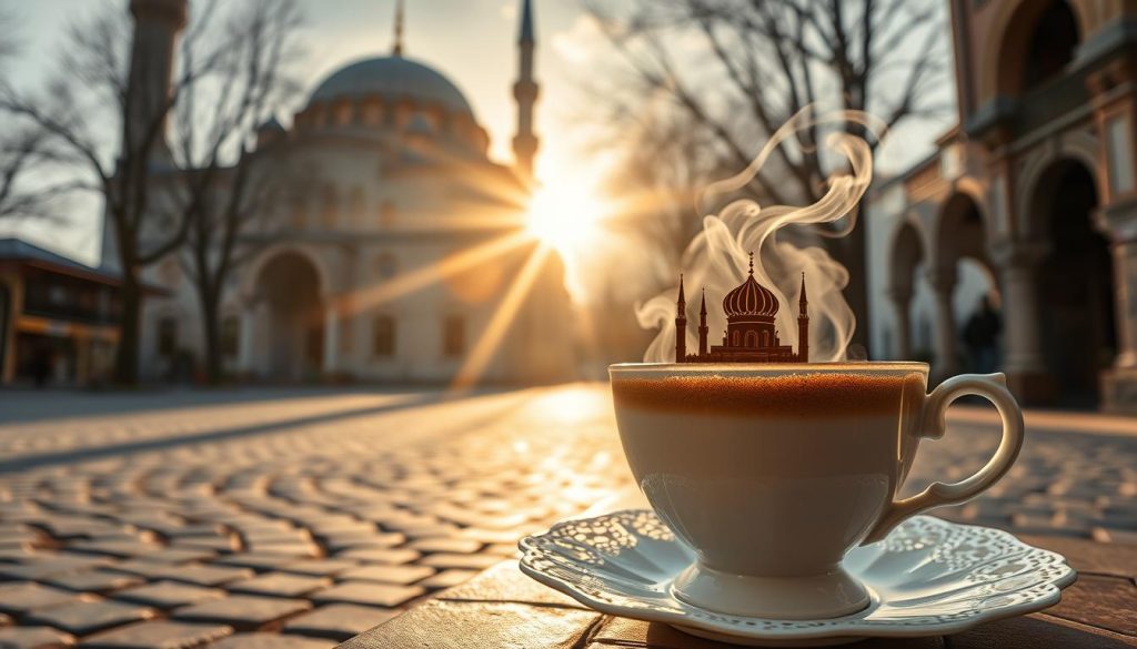 A tranquil morning in a serene Turkish town, the sun's golden rays filtering through the stained-glass windows of a majestic Ottoman-style mosque. The intricate domed architecture and ornate minarets stand tall, casting long shadows across the cobblestone streets. In the foreground, a delicate porcelain cup of freshly brewed kahve (Turkish coffee) sits on a lace-trimmed saucer, its steam curling in the crisp air. The coffee grounds swirl, revealing a symbolic vision of the mosque - a harbinger of inner peace and spiritual wellness, as interpreted by the gifted seer, Nebahat Özge Tan.