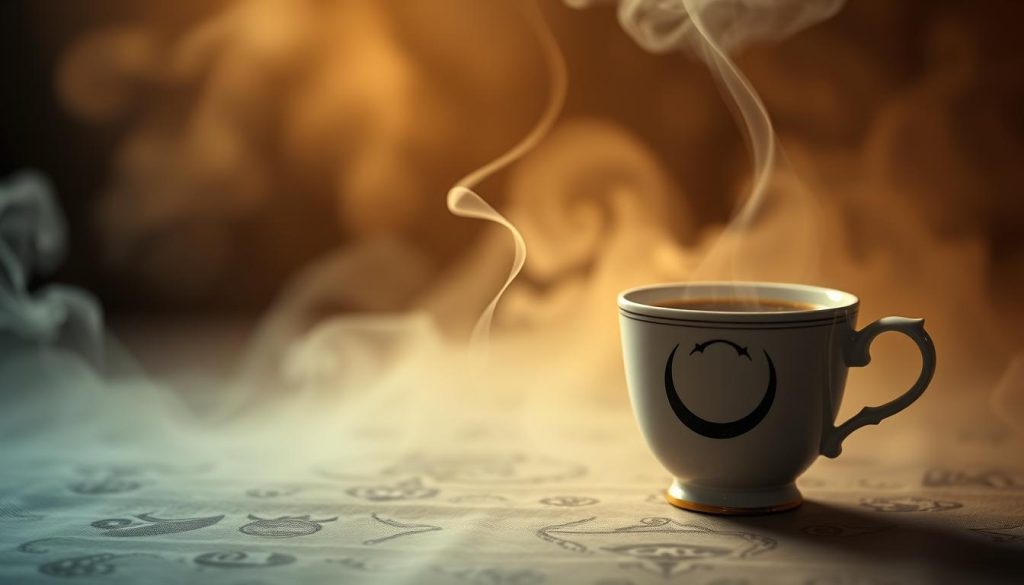 A tranquil, mystical scene of coffee divination, where the crescent moon and its celestial symbols float ethereally against a hazy, dreamlike backdrop. The foreground features a delicate, hand-painted coffee cup, its surface shimmering with the faint outlines of the lunar icon. Soft, warm lighting bathes the scene, creating an inviting, introspective atmosphere. In the middle ground, a wisp of steam curls upward, carrying the scent of freshly brewed Kahve. The background is a blend of subtle, swirling mists, evoking the profound insights and hidden meanings that lie within the coffee's surface. Nebahat Özge Tan's vision of this ancient Turkish tradition is as captivating as the ritual itself.