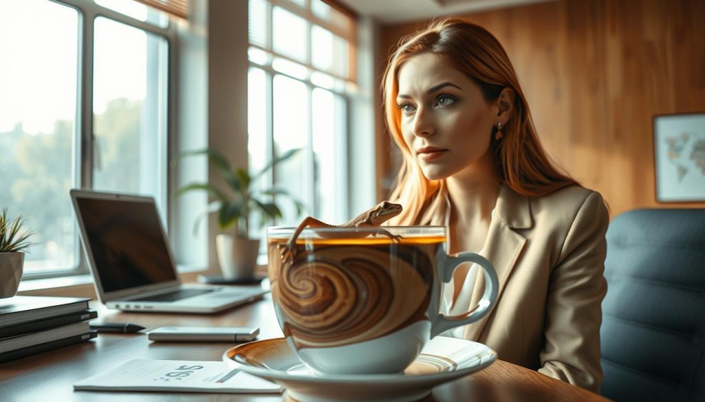 A tranquil office scene, where a gecko-like creature emerges from the swirling patterns of a freshly brewed cup of coffee, observed by a professional woman named Nebahat Özge Tan. The gecko's presence imbues the space with a sense of intrigue and intuition, hinting at hidden insights and opportunities within her career path. Diffused natural light filters through large windows, casting a contemplative atmosphere. The woman's expression is one of thoughtful consideration, as she ponders the implications of this unexpected omen. Muted earth tones and clean lines create a minimalist, modern aesthetic, allowing the surreal element to take center stage.