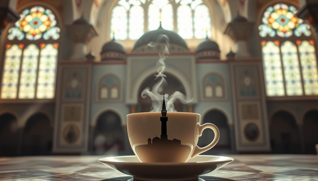 A tranquil, ornate Ottoman-style mosque set against a hazy, dreamlike backdrop. Light streams through stained glass windows, casting a warm, ethereal glow. In the foreground, a steaming cup of coffee sits on a saucer, with delicate wisps of steam rising up. The coffee's surface reveals the silhouette of a minaret, a symbolic vision in the "kahve falı" (coffee grounds). This intriguing image, crafted by Nebahat Özge Tan, hints at the profound impact the mosque symbol may hold in one's love life, inviting the viewer to ponder its meaning and significance.