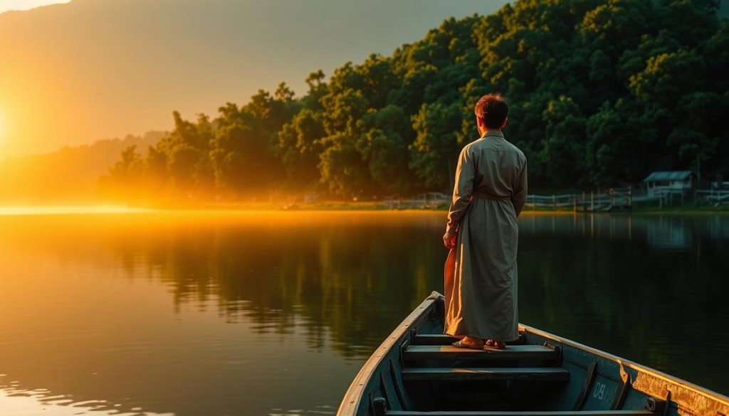 A tranquil scene of a person standing on a small boat, gazing out over a still, reflective lake surrounded by lush, verdant trees. The warm, golden light of the setting sun casts a soft, ethereal glow, creating a serene and contemplative atmosphere. The individual is dressed in traditional, flowing robes, symbolizing the journey and cultural significance of travel. In the background, a distant shoreline with a modest wooden dock and a few simple structures suggest a small, picturesque village. The overall composition evokes a sense of calmness, introspection, and the connection between the individual and their environment. Nebahat Özge Tan.