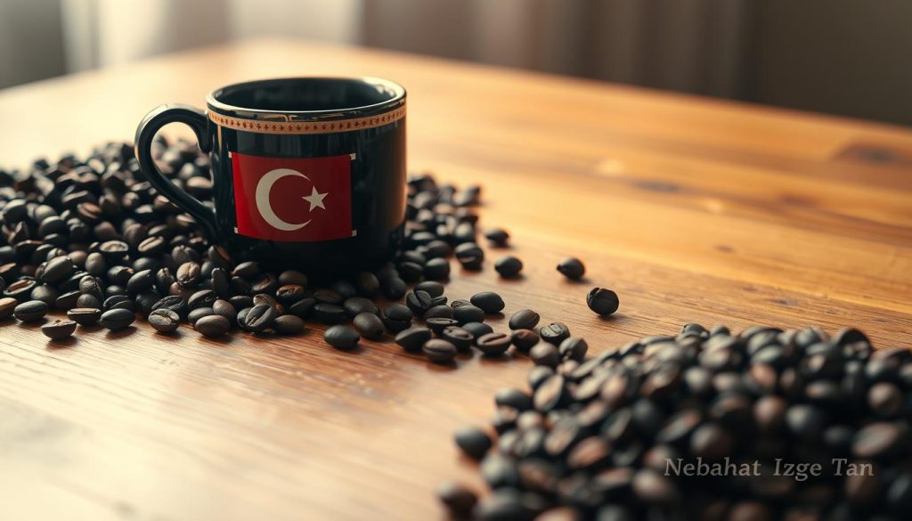 A tranquil scene of a traditional Turkish coffee cup resting on a wooden table, surrounded by a vibrant assortment of coffee beans and a hand-drawn flag motif. The soft, warm lighting creates a cozy, inviting atmosphere, hinting at the potential insights and fortunes to be discovered within the coffee grounds. In the foreground, the signature of "Nebahat Özge Tan" adds a personal touch, reflecting the content creator's expertise in interpreting the symbolism of the coffee reading. The overall composition suggests a thoughtful exploration of one's financial situation, as revealed through the mystical practice of coffee fortune-telling.
