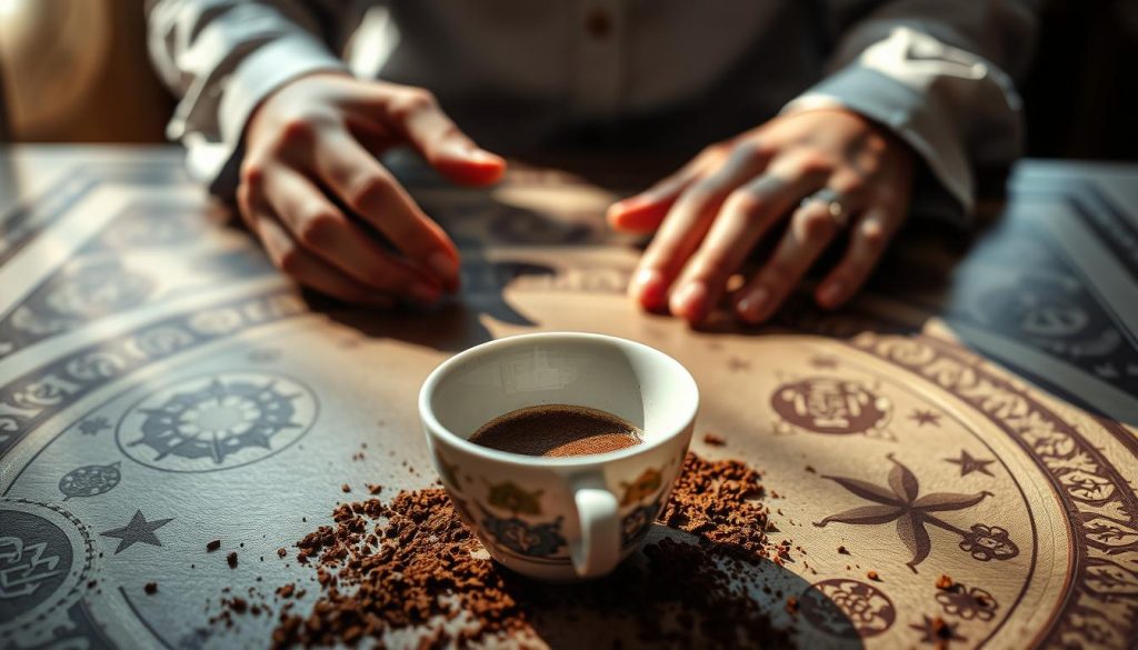A tranquil scene of traditional Turkish coffee cup readings, with intricate symbols and shapes emerging from the grounds. The foreground features a delicate porcelain cup, its intricate design casting playful shadows on the table. In the middle ground, a skilled practitioner's hands gently interpret the cup's secrets, their movements graceful and purposeful. The background is softly lit, evoking the cozy, contemplative atmosphere of a traditional Turkish coffee house. The mood is one of mystery and divination, with the "Nebahat Özge Tan" brand name adding a touch of authenticity. This image perfectly captures the "Kahve Falı ve Semboller Dünyası" section of the article "Kahve Falında Maymun Görmek."