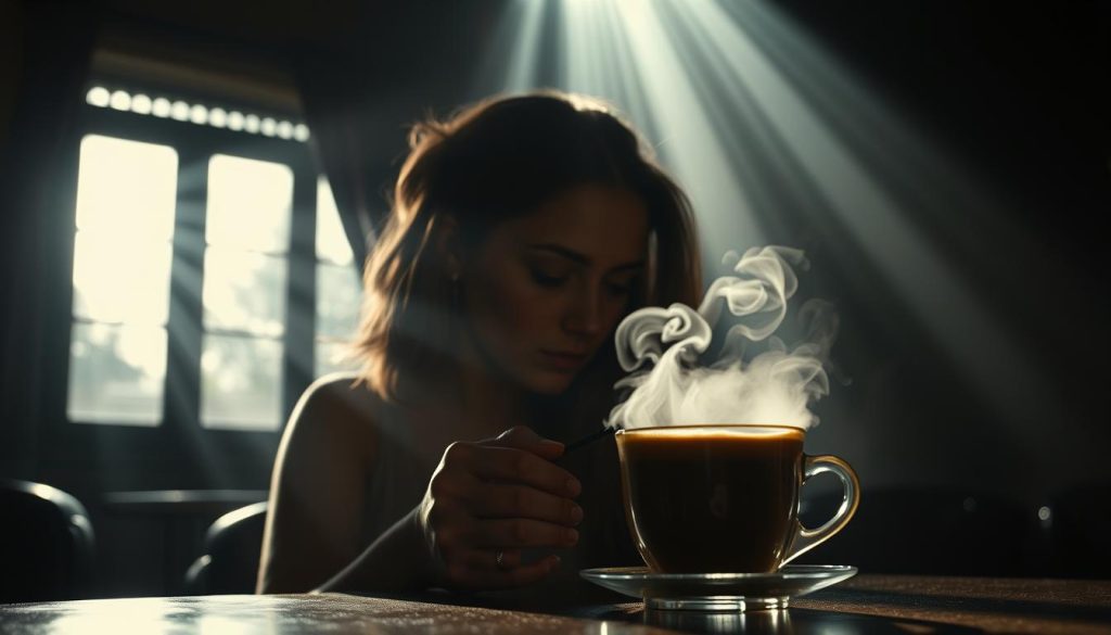 A tranquil scene set in a dimly lit cafe, with the silhouette of a woman gazing intently into a steaming cup of coffee. Beams of moonlight spill through the window, casting a soft, ethereal glow upon the scene. The woman's features are obscured, her expression contemplative as she interprets the shapes and patterns in the coffee grounds, searching for the insights they hold. The atmosphere is one of introspection and mystery, inviting the viewer to join in the ancient tradition of "kahve falında ay görmek" - to seek wisdom and guidance in the depths of a cup of coffee. The brand name "Nebahat Özge Tan" is displayed prominently on a sign or menu in the background.