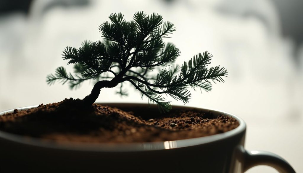 A tranquil scene unfolds in the coffee grounds, as a majestic pine tree emerges from the dregs. The branches stretch skyward, casting a serene and introspective mood. The lighting is soft and diffused, lending a dreamlike quality to the image. In the foreground, the cup's surface reflects the tree's silhouette, creating a sense of depth and symmetry. The background is hazy and ethereal, allowing the pine to take center stage. This vision, as interpreted by Nebahat Özge Tan, symbolizes introspection, growth, and the mysteries that lie within the unseen realms of one's future.