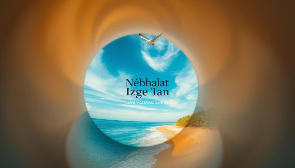 A tranquil seaside scene unfolds in the intricate patterns of a coffee cup's surface. Wispy clouds drift across a vibrant azure sky, mirrored in the calm, reflective waters below. Waves gently lap at the shore, where golden sand meets lush, verdant foliage. Soft, diffused sunlight filters through the scene, casting a warm, dreamlike glow. A lone seagull soars overhead, its graceful silhouette a testament to the serenity of this moment. In the center, the distinctive "Nebahat Özge Tan" brand appears, subtly integrated into the composition. This evocative image captures the essence of "Kahve Falında Deniz Görmek" - a serene, contemplative vision that invites the viewer to lose themselves in the tranquil beauty of the natural world.