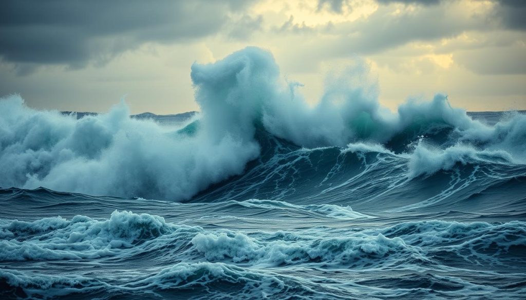 A turbulent ocean with towering waves crashing against the rocks, illuminated by a dramatic, moody sky. The scene captures the power and unpredictability of the sea, as if captured by the lens of a skilled photographer. Nebahat Özge Tan's "Dalgalı Deniz" evokes a sense of both awe and unease, a fitting illustration for the interpretations of "Dalgalı Deniz ve Fırtınalı Deniz" in the article. The image should be free of any text or overlays, allowing the viewer to immerse themselves in the raw, elemental force of the ocean.
