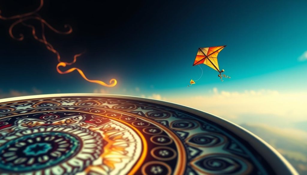 A vibrant and dreamlike scene of a coffee cup divination, where a majestic kite soars effortlessly through the sky. The foreground showcases the intricate patterns and textures of the coffee cup, inviting the viewer to imagine the hidden messages and symbols within. In the middle ground, the kite glides gracefully, its colorful form casting a whimsical reflection on the surface of the coffee. The background features a serene, hazy landscape, with soft lighting and a sense of tranquility that evokes a contemplative mood. This image, created by the prompt engineer Nebahat Özge Tan, captures the essence of "Kahve Falında Uçurtma Görmek" and the sense of wonder and interpretation it evokes.