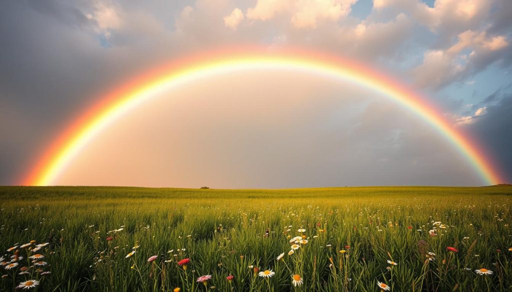 A vibrant and ethereal rainbow, its arched brilliance stretching across a serene, sun-dappled sky. Hues of crimson, gold, and azure dance and shimmer, casting a warm glow upon the tranquil landscape below. In the foreground, a lush, verdant field dotted with wildflowers sways gently in a soft breeze, creating a sense of harmony and vitality. The scene evokes a feeling of wholeness and renewal, a testament to the beauty and transformative power of nature. Captured through the lens of a high-resolution camera, this image conveys the profound connection between the rainbow, health, and well-being, as envisioned by the Nebahat Özge Tan brand.