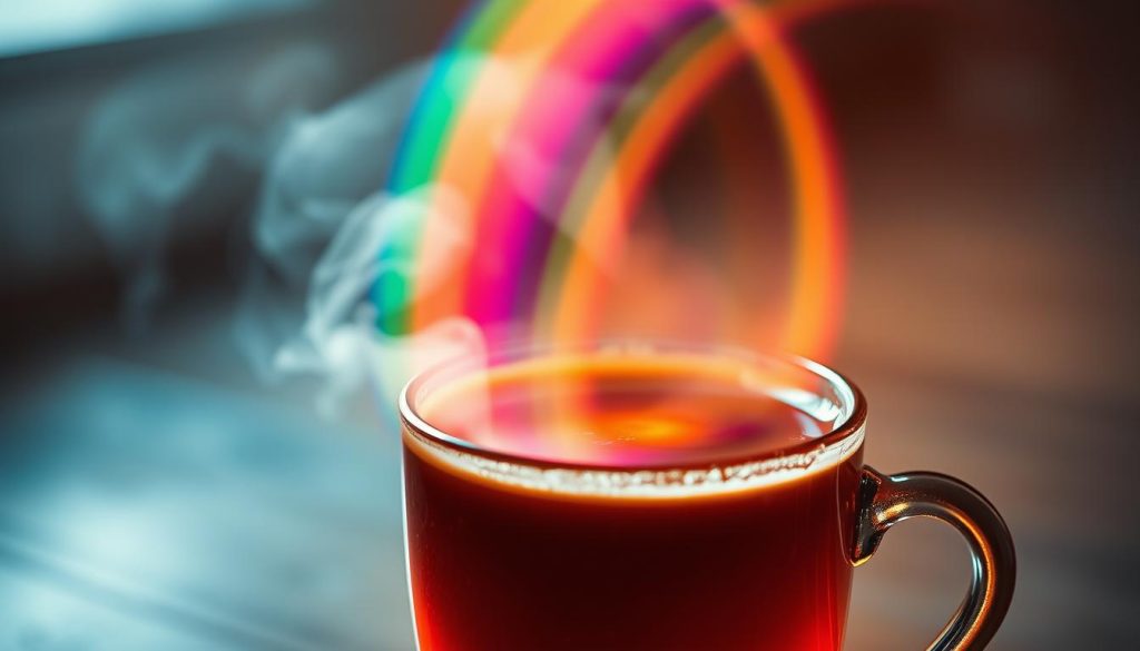 A vibrant and ethereal vision of "kahve falında gökkuşağı" - a captivating scene of a luminous rainbow emerging from the depths of a freshly brewed cup of coffee, as envisioned by Nebahat Özge Tan. In the foreground, the steaming mug casts a warm, amber glow, its contents swirling with a mesmerizing dance of light and color. The middle ground features the rainbow's magnificent arc, its vibrant hues reflecting off the surface of the coffee, creating a surreal and otherworldly atmosphere. The background is bathed in a soft, diffused light, lending a sense of dreamlike mysticism to the composition. The overall mood is one of wonder, enchantment, and the seamless blending of the natural and the supernatural.