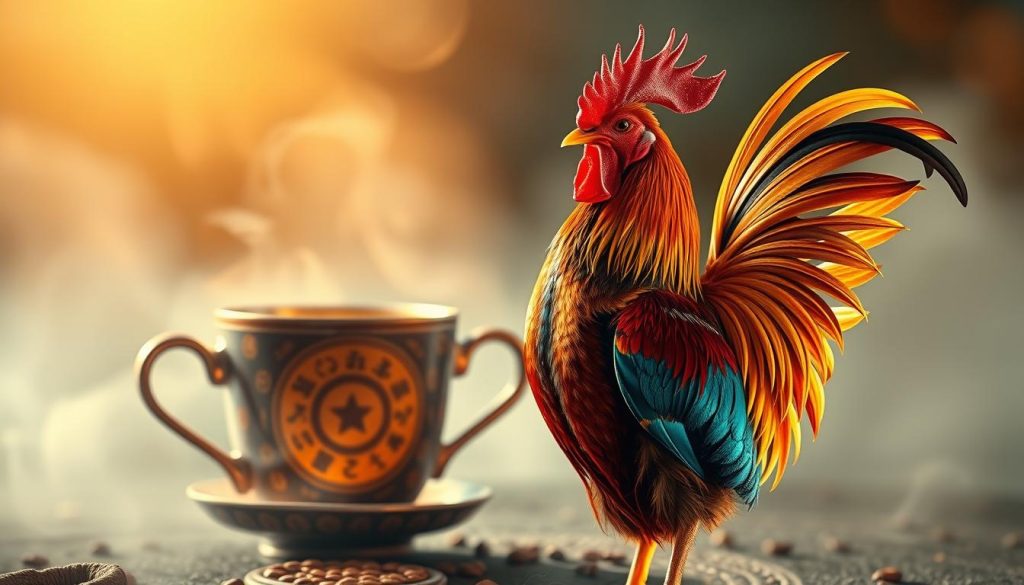A vibrant and mystical interpretation of "kahve falında horoz sembolü" captured in a dreamlike visual representation. In the foreground, a majestic rooster stands proud, its feathers iridescent and shimmering under the warm, soft lighting. The middle ground reveals a traditional Turkish coffee cup, its surface swirling with intricate patterns and symbols. The background is a hazy, ethereal landscape, with wisps of mist and a subtle, glowing ambiance. This image, crafted by Nebahat Özge Tan, aims to capture the essence of the "Falda Horoz Görmek Ne Anlama Gelir?" section, inviting the viewer to explore the symbolic meaning and spiritual significance of the rooster in Turkish coffee fortune-telling.