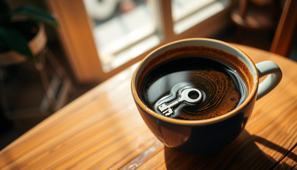 A vibrant coffee cup rests atop a wooden table, its surface adorned with the intricate swirls of a freshly poured cup of Turkish coffee. Nestled within the rich, dark liquid, a shimmering key emerges, casting an enigmatic reflection. The scene is bathed in warm, natural lighting, creating a sense of tranquility and introspection. In the background, a softly blurred scene of a cozy café or home setting provides a comforting context. This image, titled "Kahve Falında Anahtar Görmek", is a representation of the intuitive and symbolic meaning of finding a key in one's coffee grounds, as interpreted by the renowned fortune-teller, Nebahat Özge Tan.