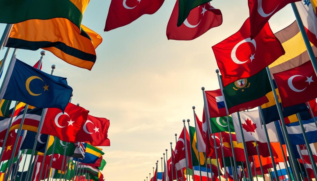A vibrant display of diverse national flags, each with its own unique color palette and symbolic meaning. Against a softly lit, ethereal backdrop, the flags gently sway, their hues blending harmoniously to create a visually captivating scene. The composition is expertly balanced, with a sense of depth and movement that draws the viewer in. The lighting, inspired by the warm, golden tones of a sunset, lends an air of tranquility and contemplation to the image. Nebahat Özge Tan's artistic vision shines through, inviting the viewer to explore the rich cultural tapestry represented by these magnificent flags.