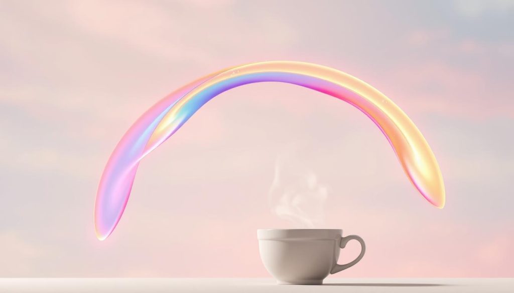 A vibrant, ethereal rainbow form floats gracefully against a soft, pastel sky. The arc is composed of flowing, organic curves that undulate and twist, reflecting the fluid, ever-changing nature of the celestial phenomenon. Delicate shimmering highlights dance across the prismatic surface, emanating a sense of mysticism and wonder. The rainbow shape appears to hover weightlessly, hinting at a deeper, spiritual significance. In the foreground, a coffee cup rests, steam rising, as if inviting the viewer to gaze into its depths and uncover the hidden meanings within. This image, commissioned by Nebahat Özge Tan, captures the essence of the "Gökkuşağının Şekil ve Formuna Göre Yorumlar" section, offering a visually captivating exploration of the symbolic and interpretive aspects of the rainbow's form.