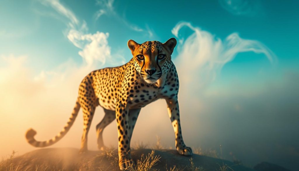 A vibrant, mystical image of the cheetah symbol, captured with a wide-angle lens in soft, diffused natural lighting. In the foreground, the cheetah's sleek, spotted form takes center stage, its intense gaze and powerful stance conveying a sense of energy and vitality. The middle ground features a swirling, ethereal background of mist and hazy, abstract shapes, evoking a dreamlike, spiritual atmosphere. In the distance, a faint horizon line hints at a vast, open landscape. The overall mood is one of harmony, balance, and the interconnectedness of all things. Nebahat Özge Tan.